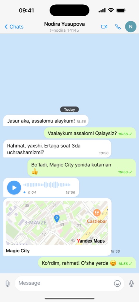 A one-to-one conversation with text, photos and a voice message.