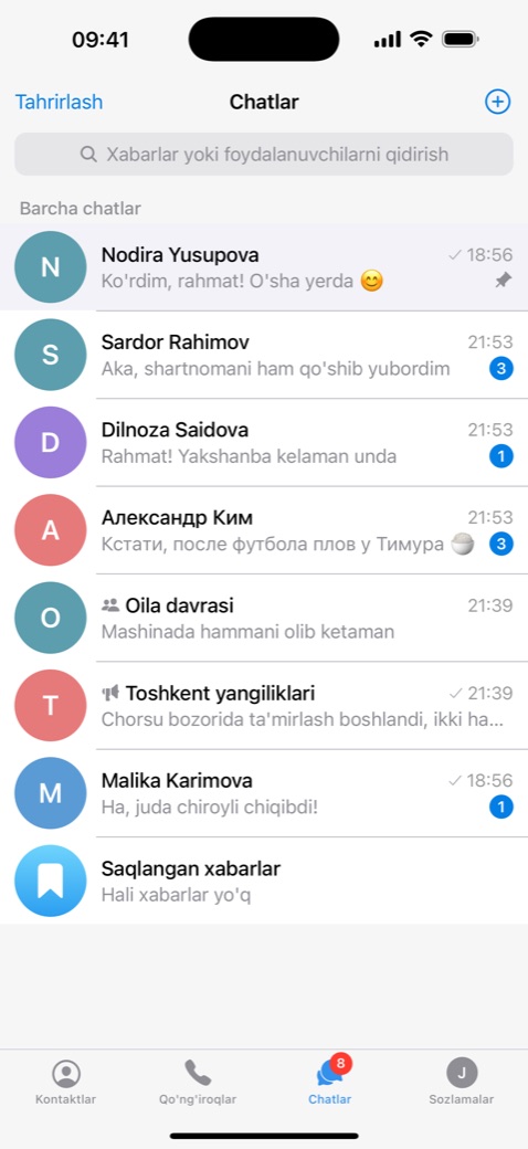 iPhone'da TES Chat suhbatlar ro'yxati.